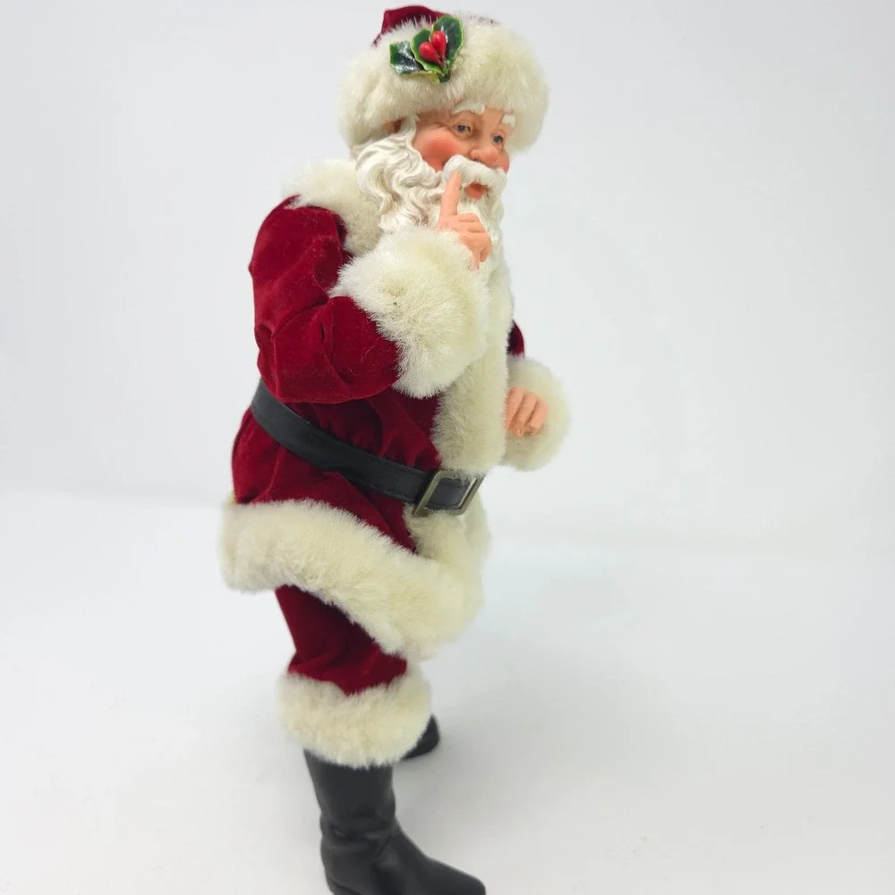 Vintage‎ Style Shushing Santa Claus Figurine Red Velvet Suit Faux Fur 11.5